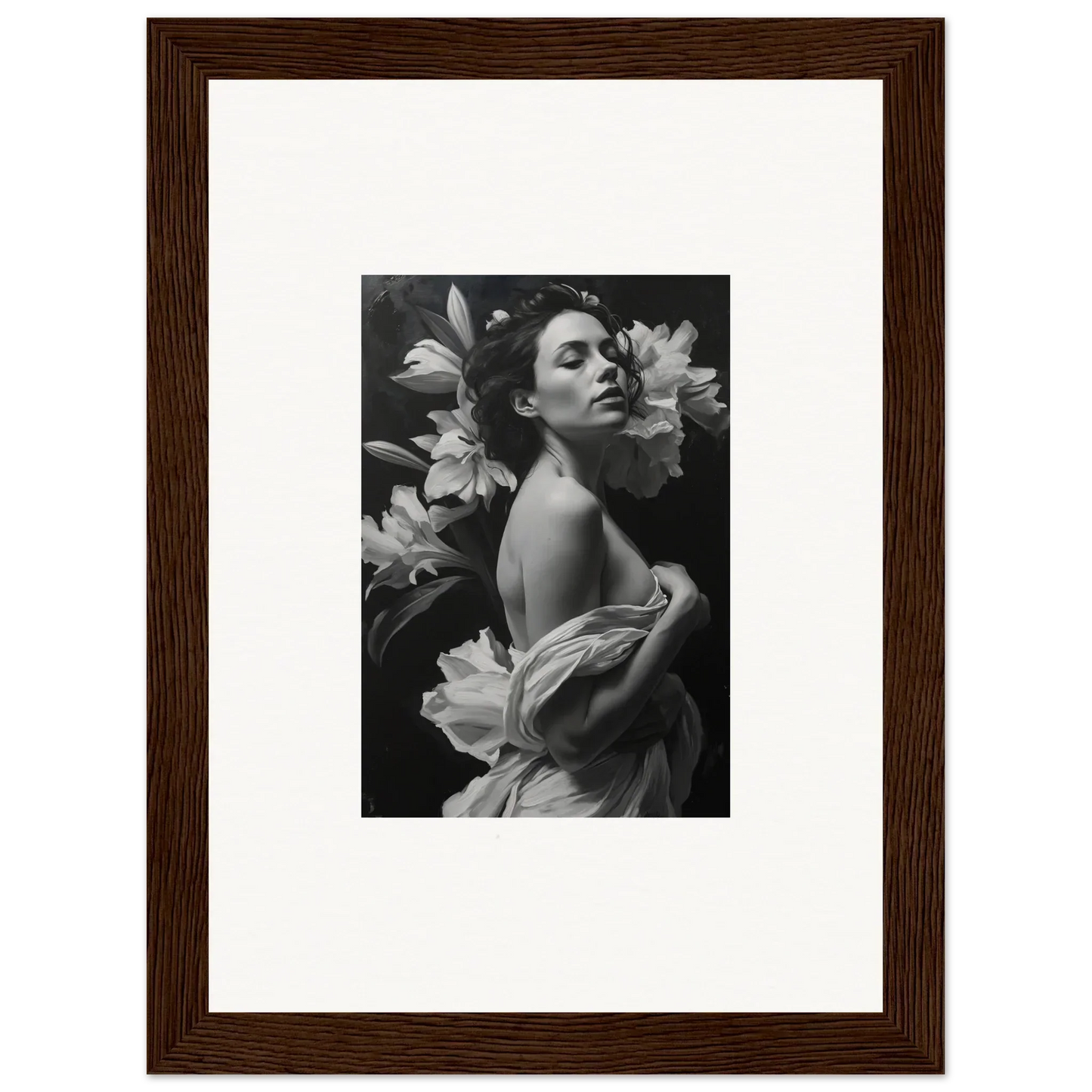 Black and white photograph of a woman with lilies, perfect for Vineyard Enigma room decor