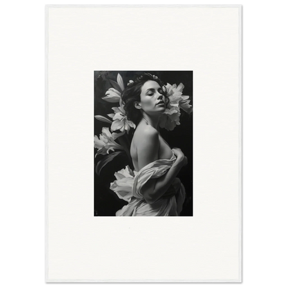 Black and white photo of a woman with lilies for Vineyard Enigma room decor