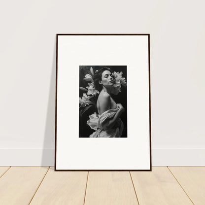 Framed black and white photograph of a woman with flowers for elegant room decor