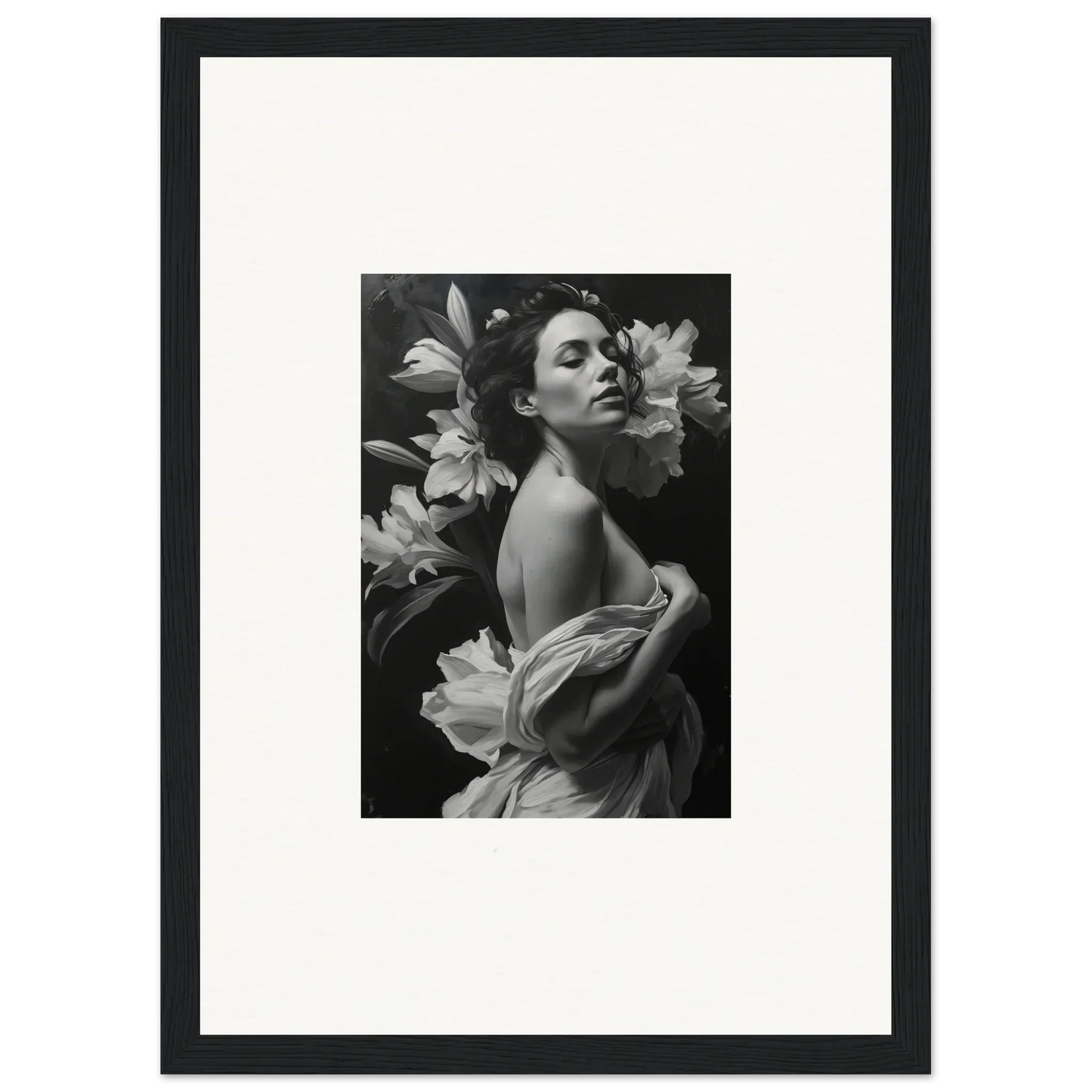 Black and white photograph of a woman among lilies for vineyard enigma room decor