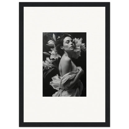 Black and white photograph of a woman among lilies for vineyard enigma room decor