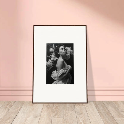 Framed black and white photograph of a woman with flowers for stylish room decor