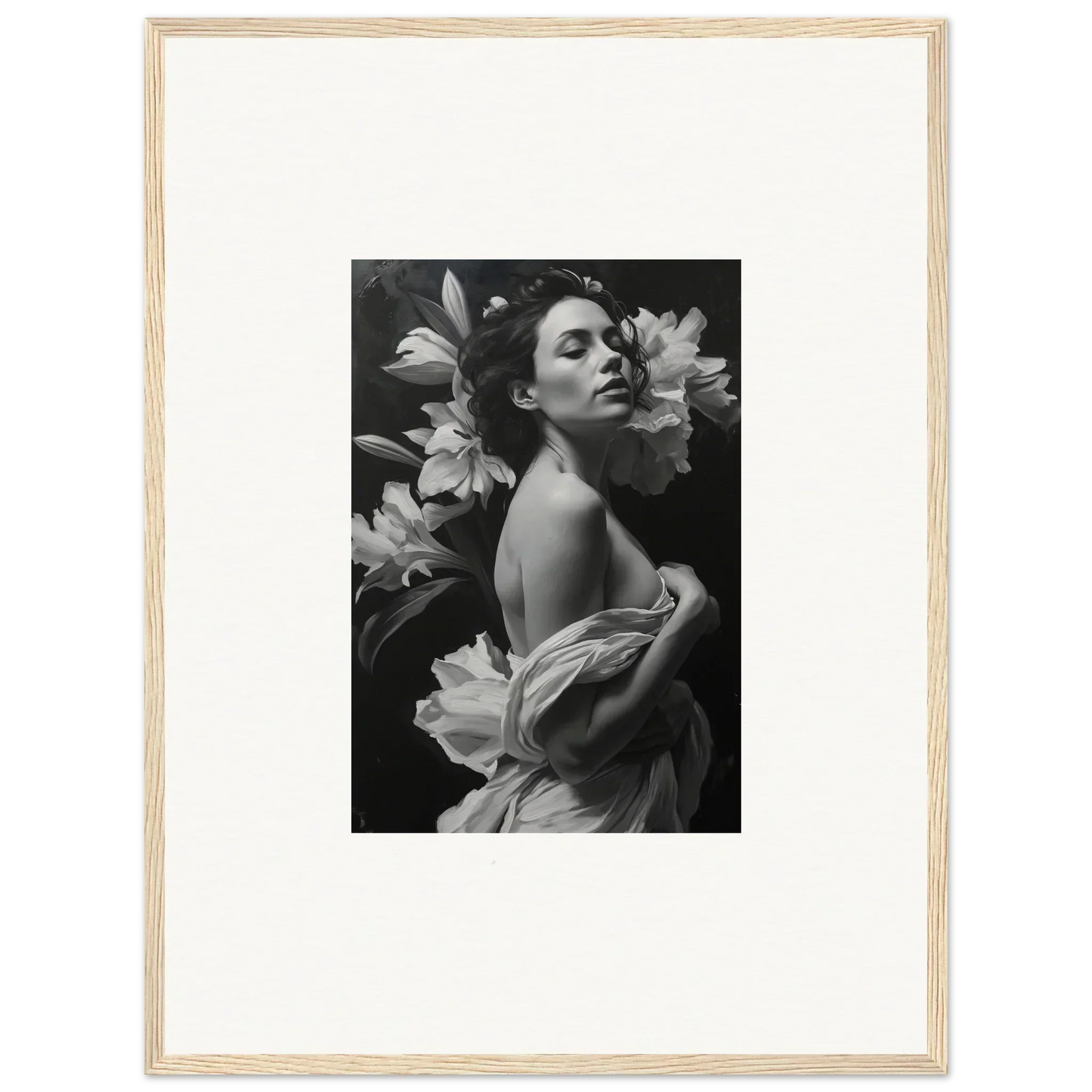 Black and white photograph of a woman surrounded by flowers for vineyard enigma room decor