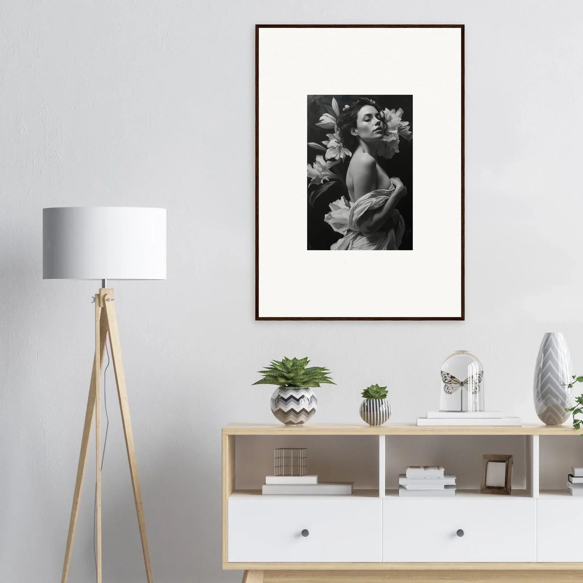 Elegant framed black and white photograph of a woman for vineyard enigma room decor