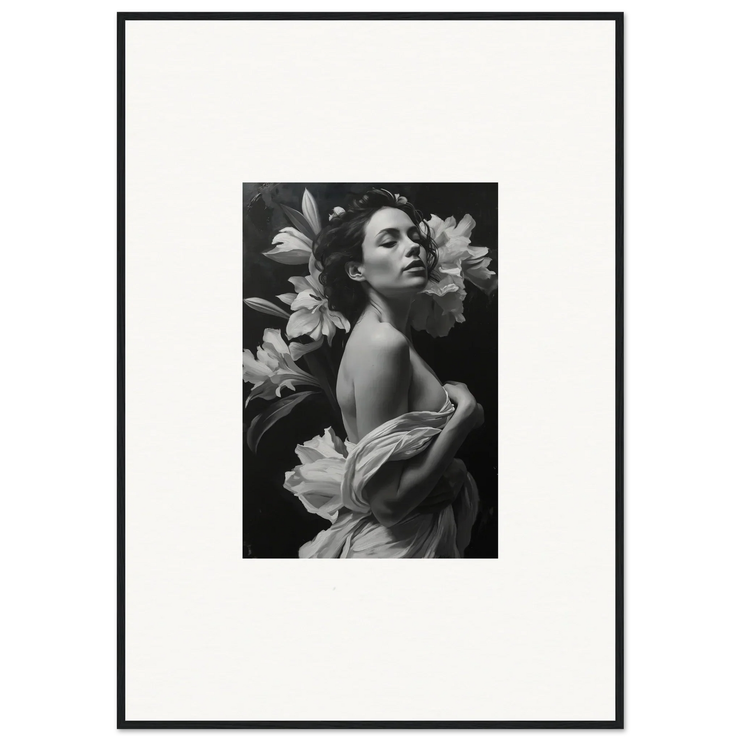 Black and white photograph of a woman amidst large flowers for Vineyard Enigma room decor