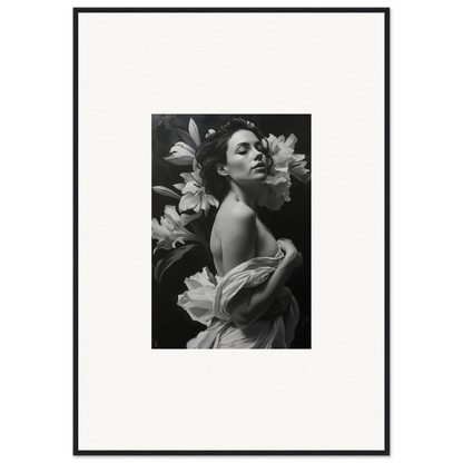 Black and white photograph of a woman amidst large flowers for Vineyard Enigma room decor