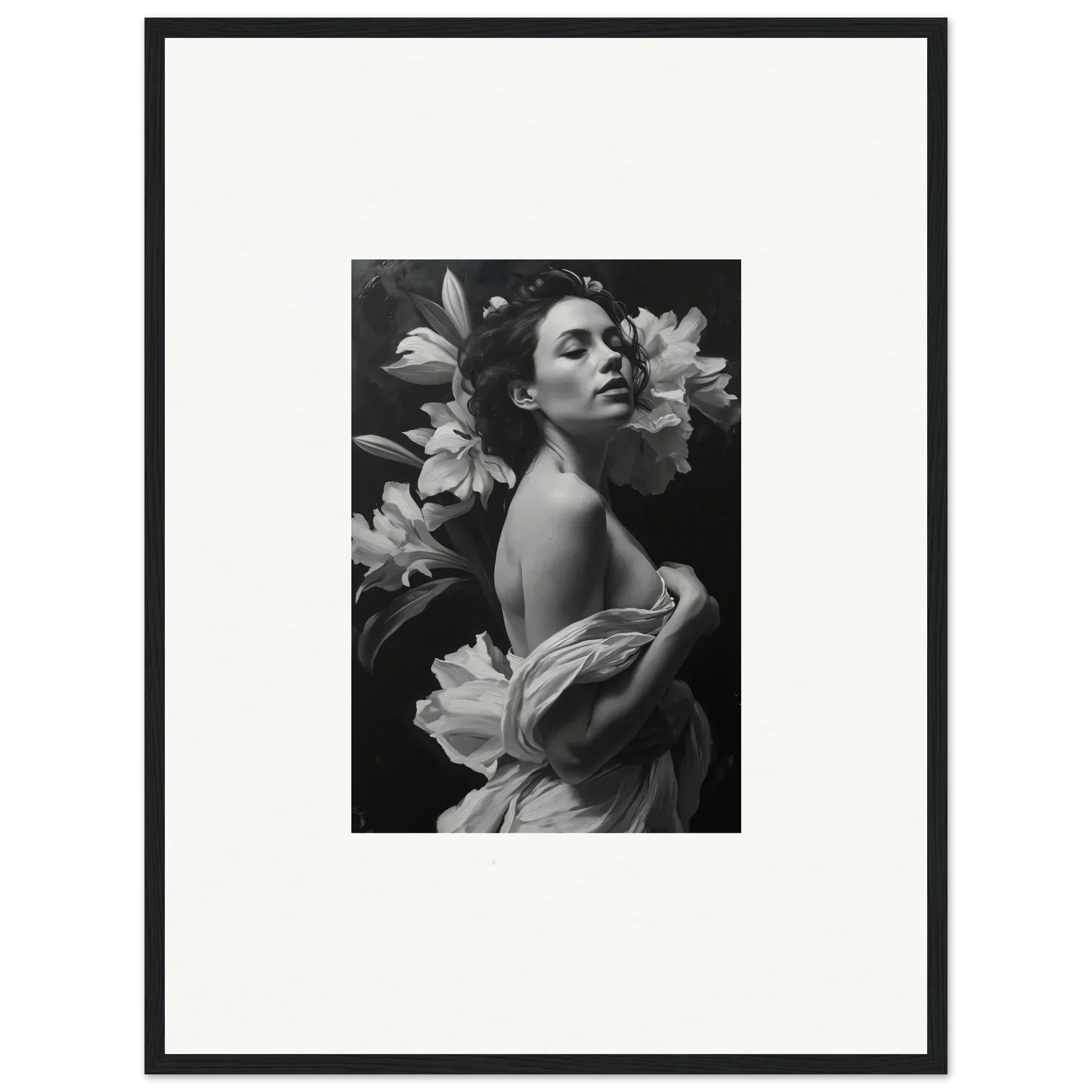 Black and white photograph of a woman among lilies, perfect for Vineyard Enigma room decor