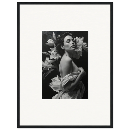 Black and white photograph of a woman among lilies, perfect for Vineyard Enigma room decor