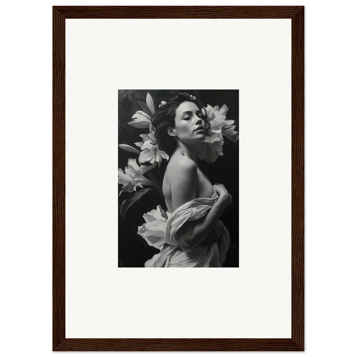 Black and white photograph of a woman with lilies for elegant room decor or framed wall art