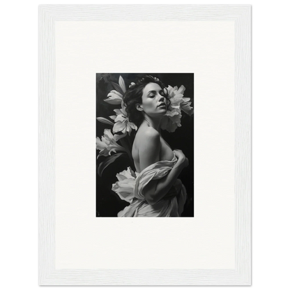 Black and white photograph of a woman with lilies, perfect for Vineyard Enigma room decor