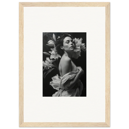 Black and white photograph of a woman with lilies in a light wooden frame for room decor