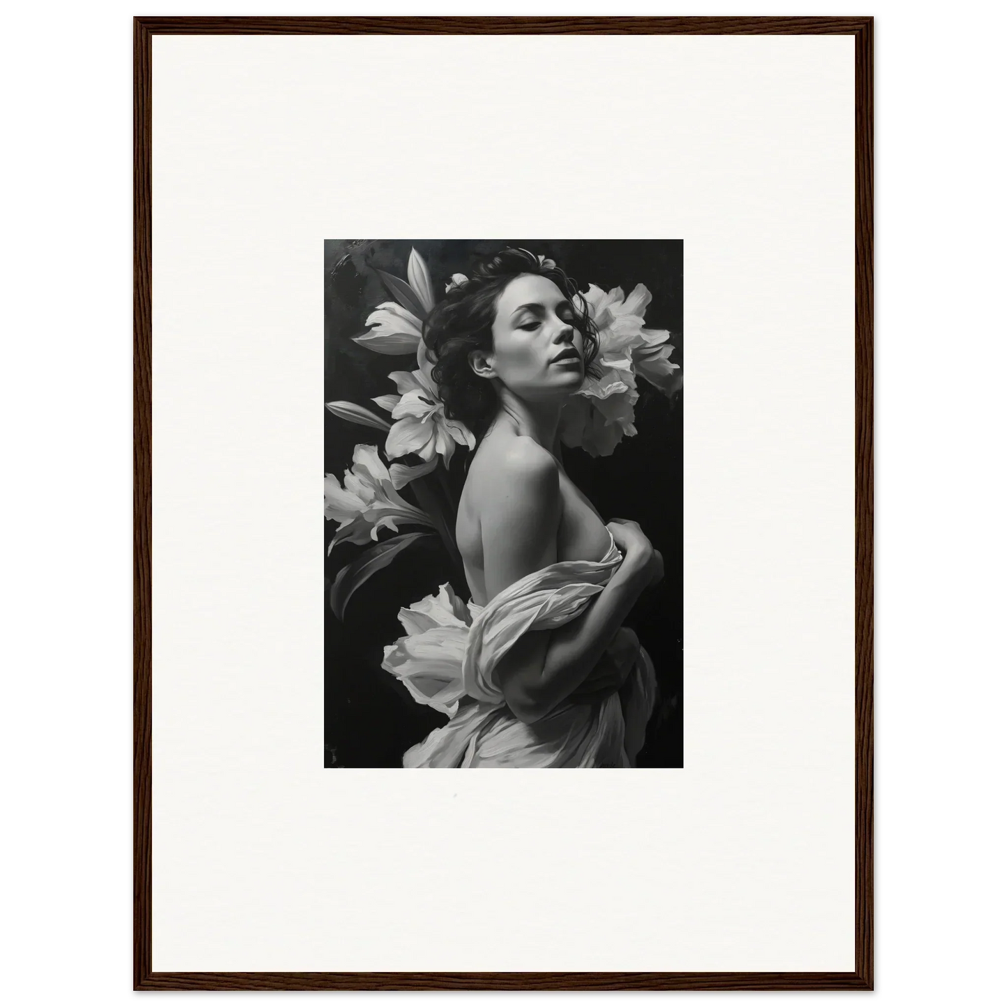 Black and white photograph of a woman with large flowers, framed wall art for room decor