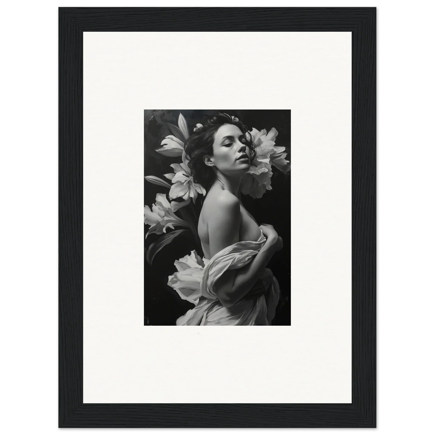 Black and white photograph of a woman with lilies, elegant framed wall art for room decor