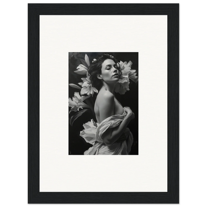 Black and white photograph of a woman with lilies, elegant framed wall art for room decor