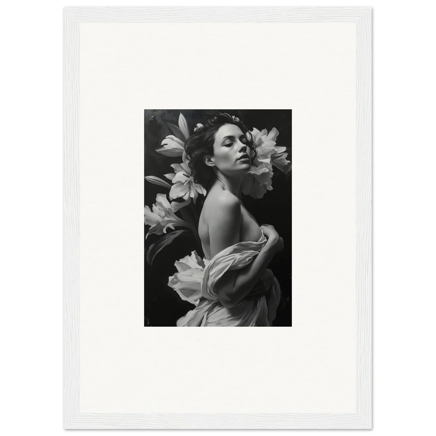 Black and white photograph of a woman with lilies for stylish Room Decor or Framed Wall Art