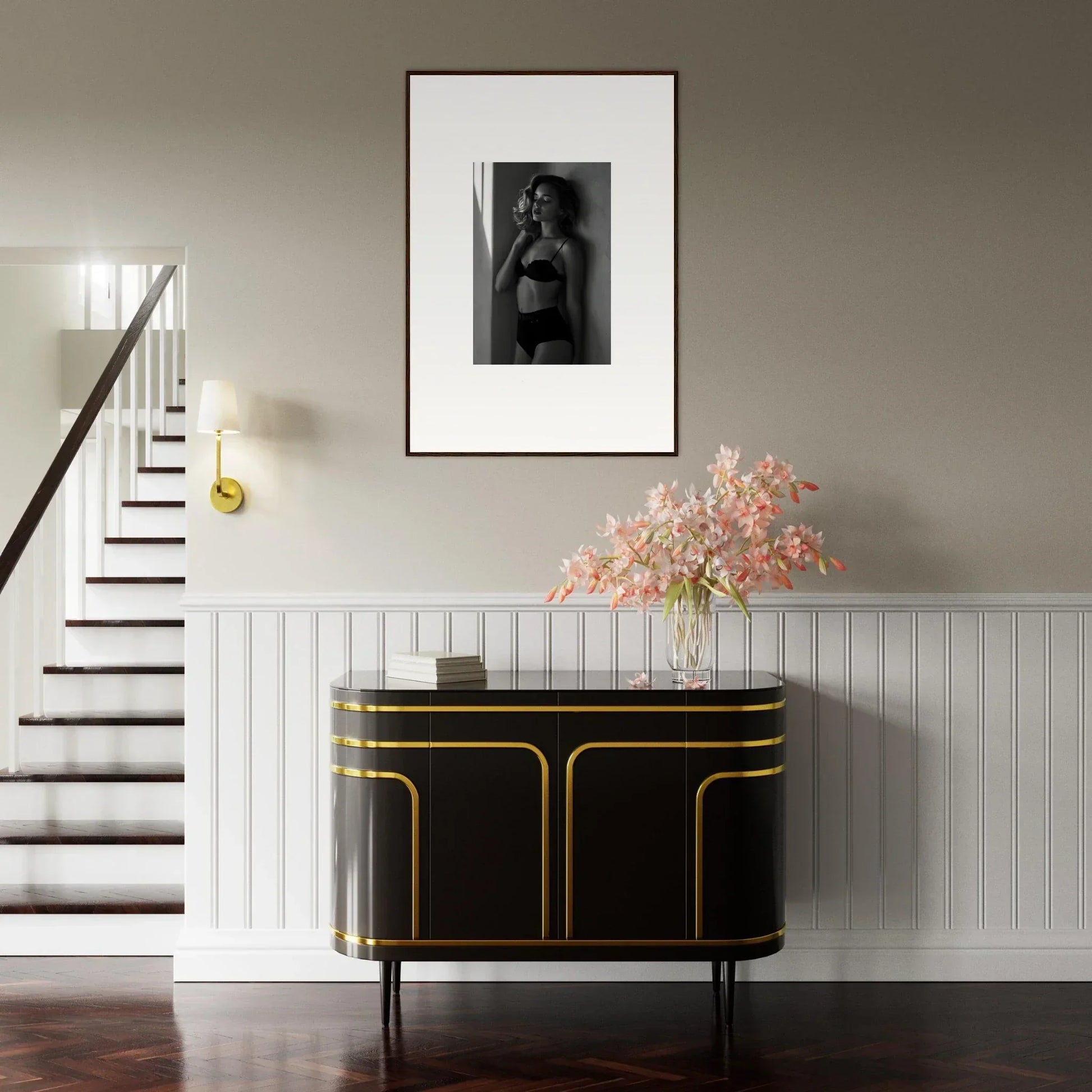 Elegant black and gold sideboard with curved edges and sleek design.