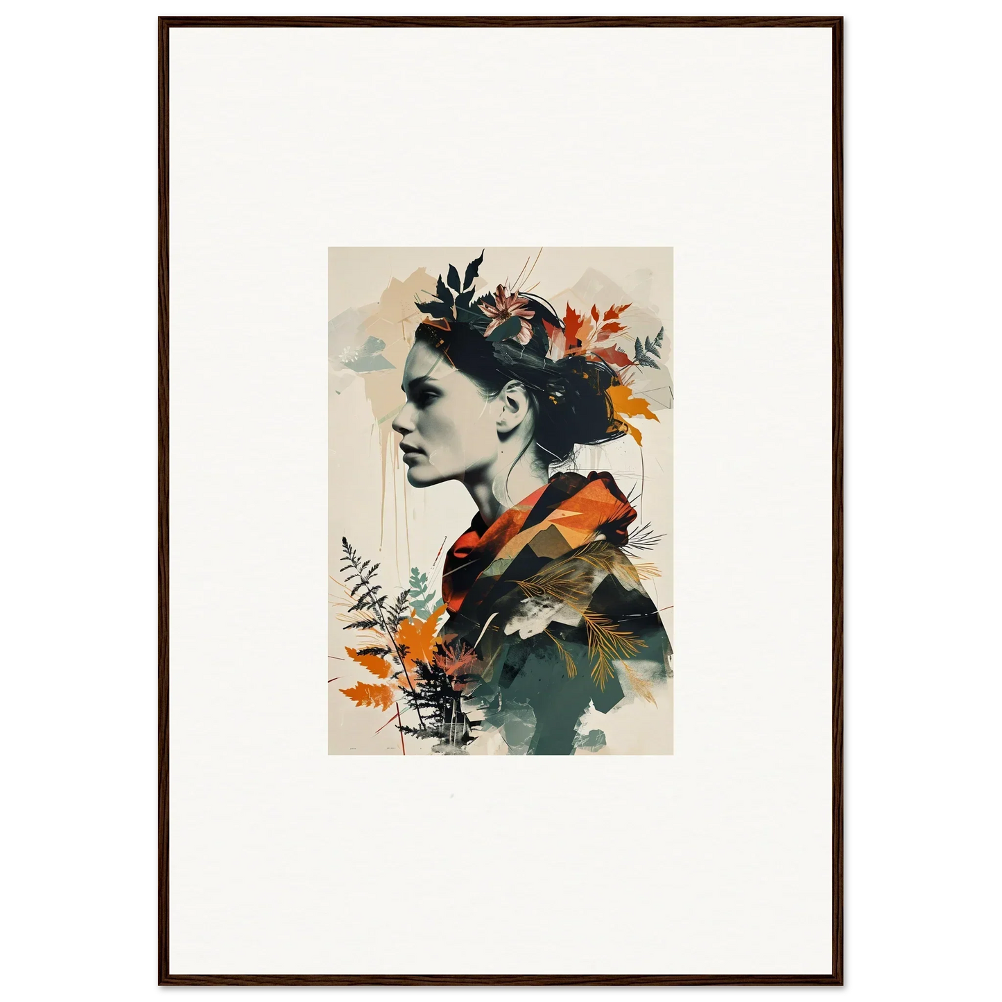 Framed canvas print of a profile portrait with autumn leaves for unique room decoration