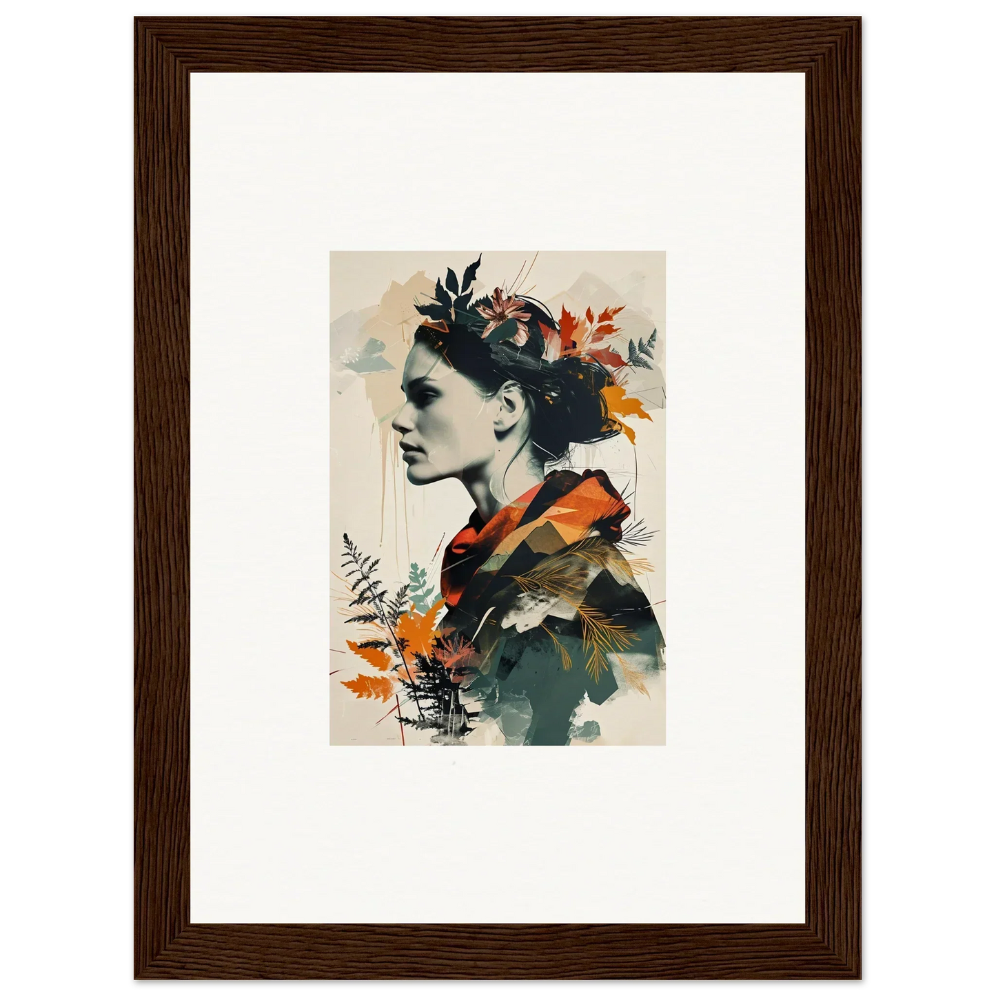 Profile portrait of a woman with floral hair, perfect for wall art or room decoration