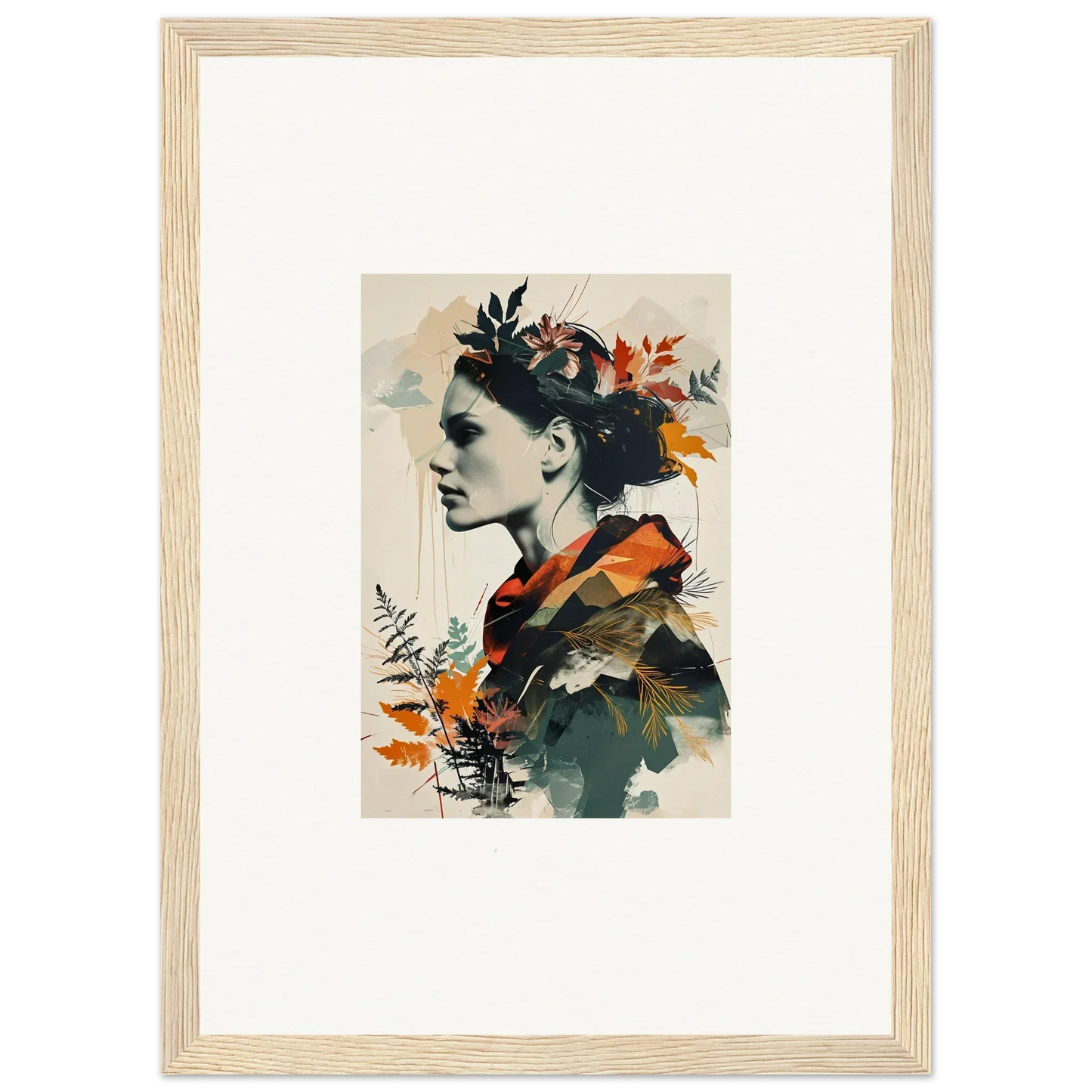 Framed wall art featuring a profile portrait with autumn flowers for room decoration