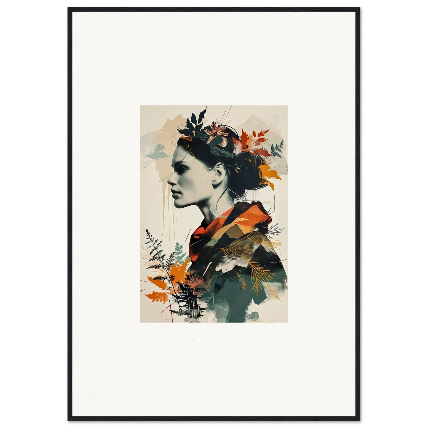 Framed wall art of a woman’s portrait with autumn leaves for stylish room decoration