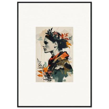 Framed wall art of a woman’s portrait with autumn leaves for stylish room decoration