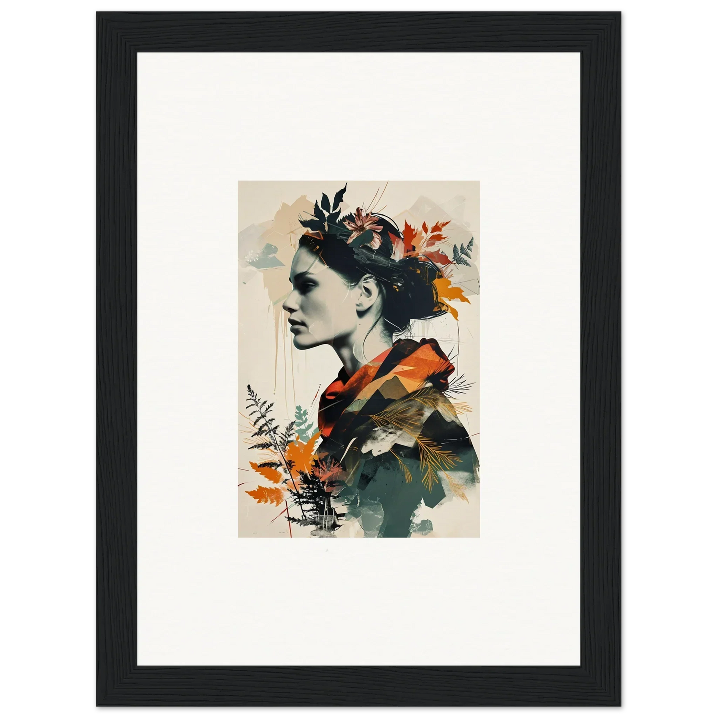 Framed canvas print of a profile portrait with autumn leaves for stylish room decoration