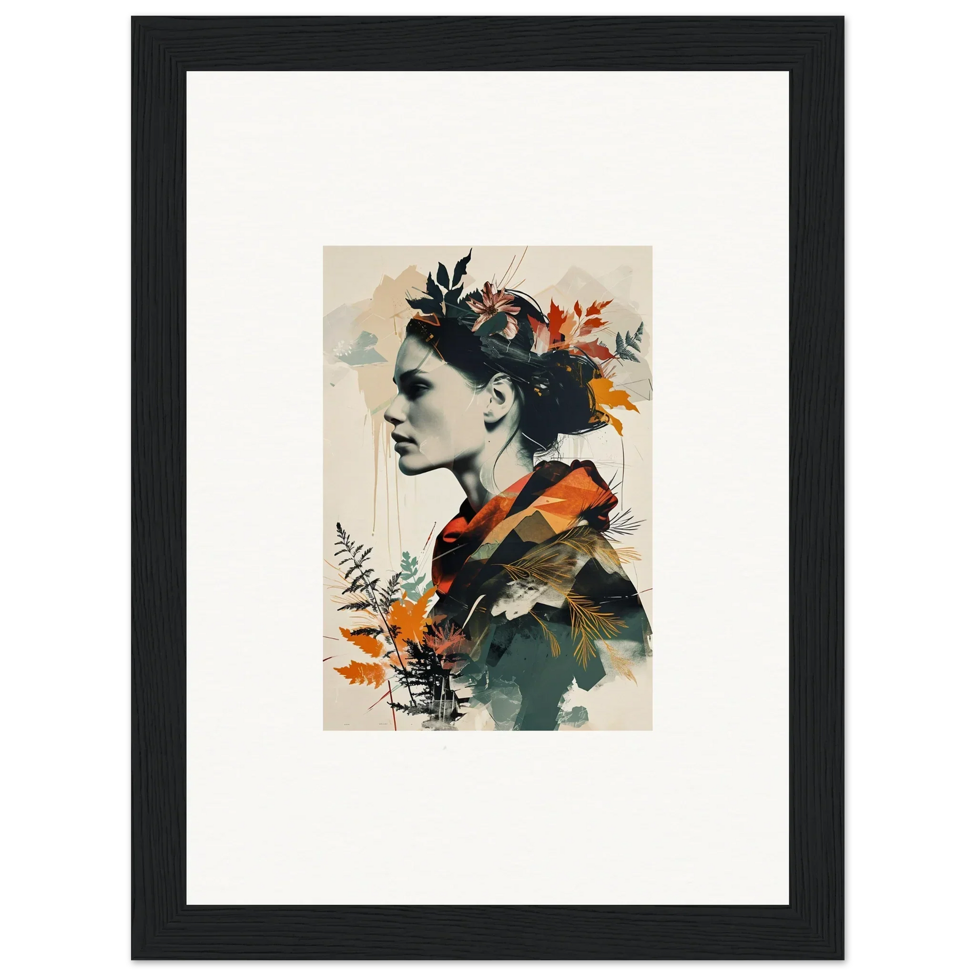 Framed canvas print of a profile portrait with autumn leaves for stylish room decoration