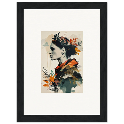 Framed canvas print of a profile portrait with autumn leaves for stylish room decoration