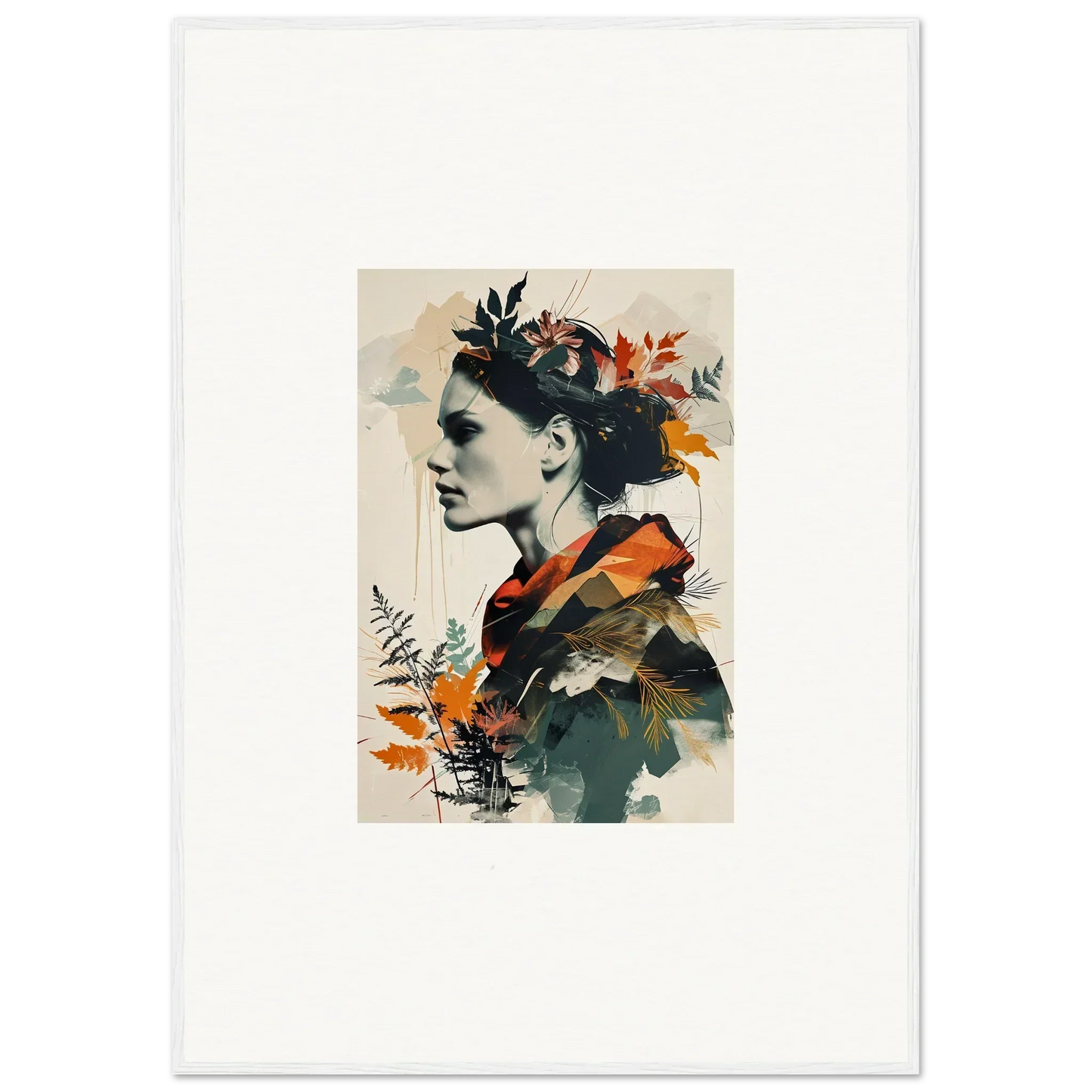 Portrait of a person with autumn leaves, perfect for room decoration or wall art