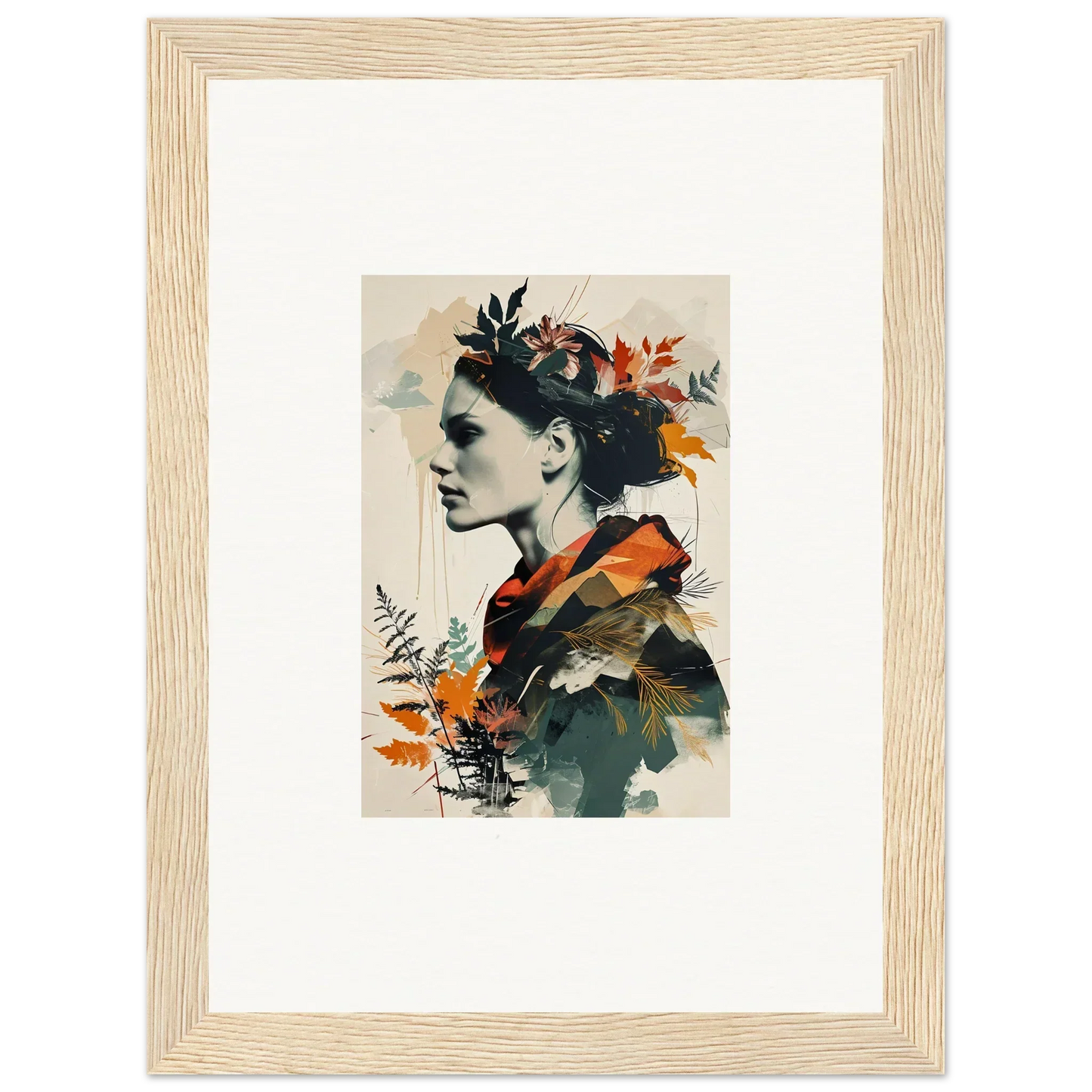 Framed wall art of a profile portrait with autumn leaves, perfect for room decoration