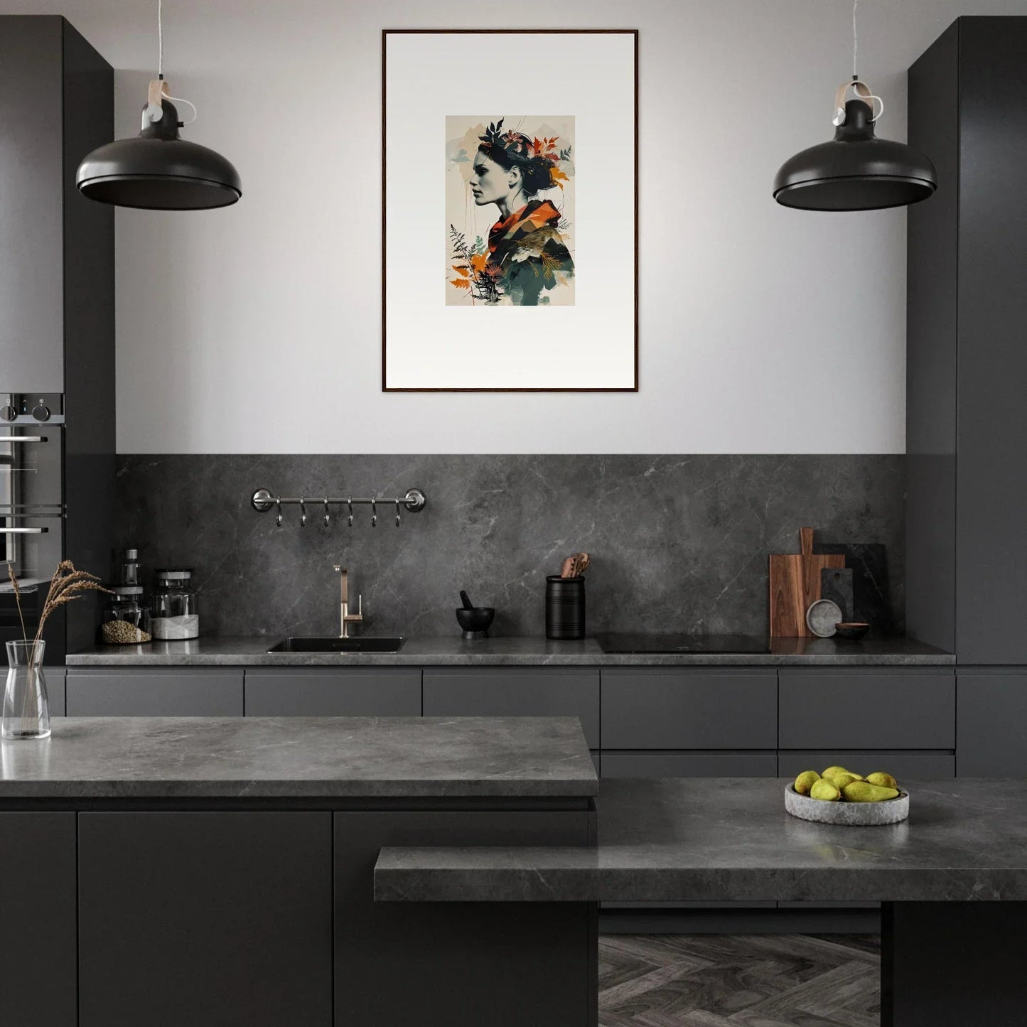 Modern kitchen with dark gray cabinetry featuring vibrant canvas print wall art