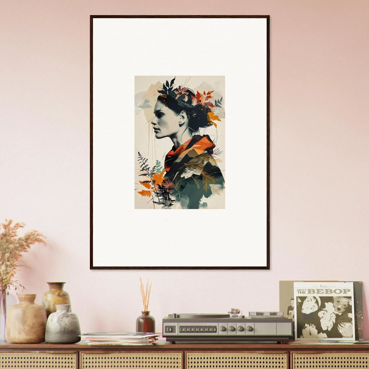 Framed portrait painting with autumn elements, perfect as unique wall art for room decoration