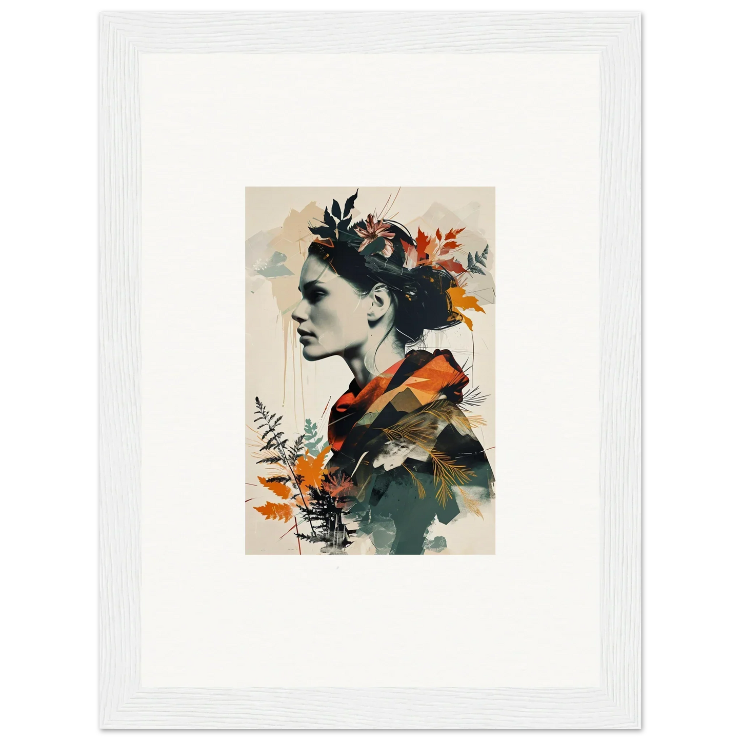 Framed wall art of a profile portrait with autumn leaves for cozy room decoration