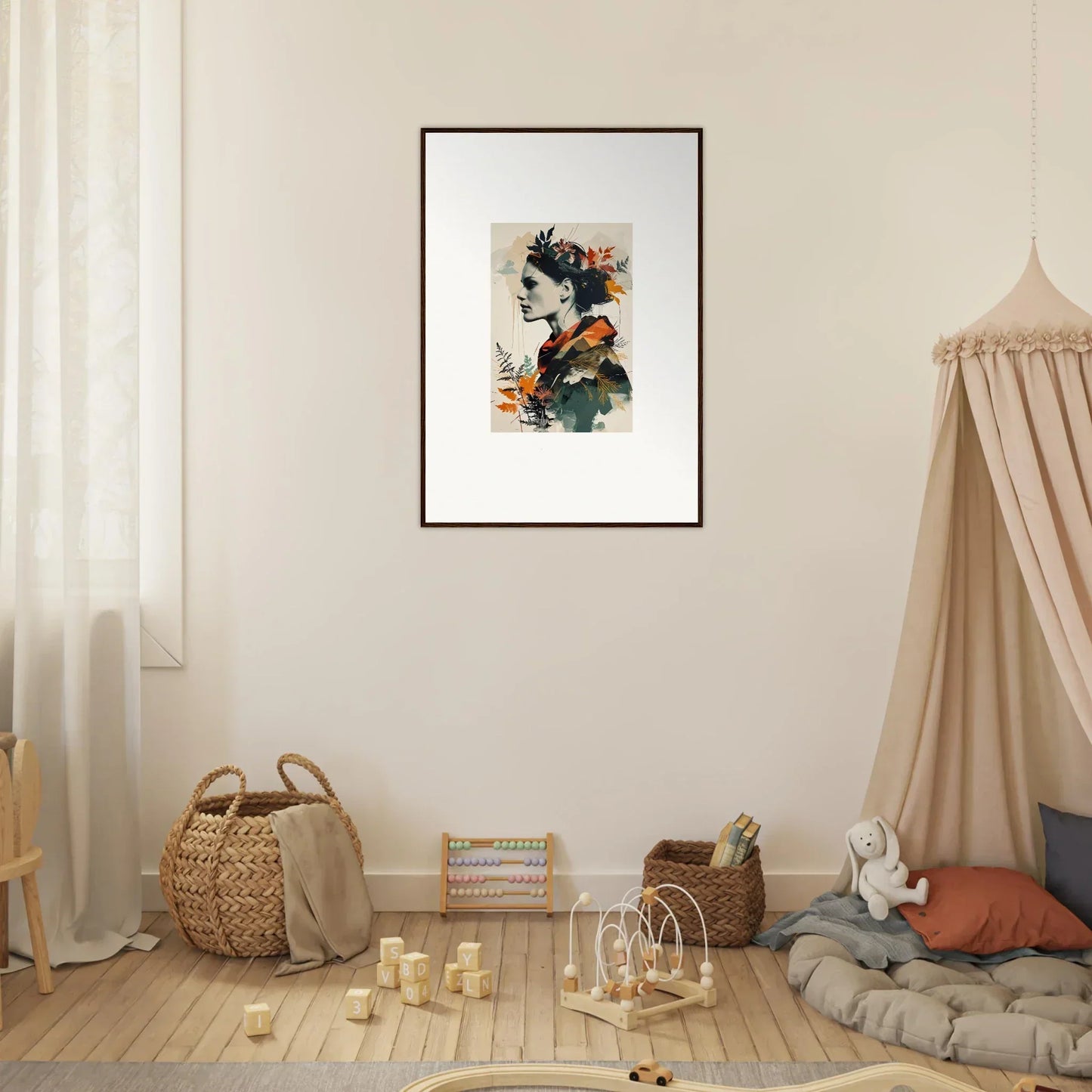 Framed abstract portrait wall art with colorful floral elements for room decoration