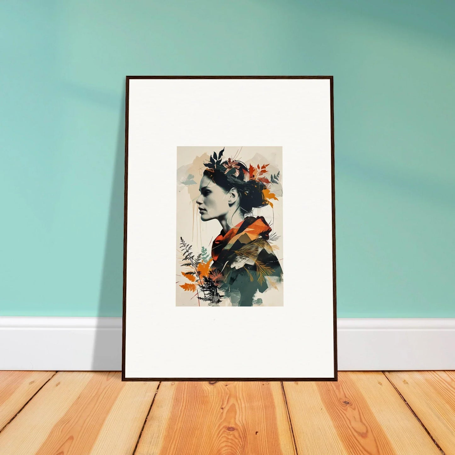 Framed canvas print featuring a floral profile portrait for stylish room decoration