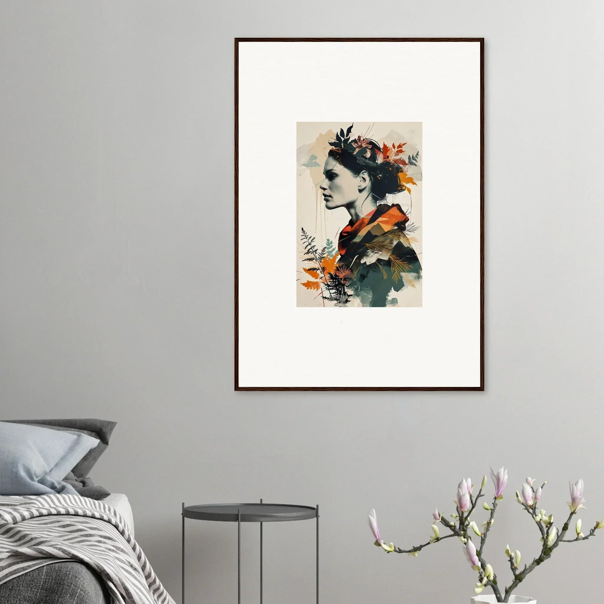 Framed watercolor portrait with flowers, perfect canvas print for room decoration