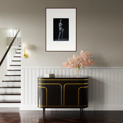 Elegant black and gold console table for chic mirage room decor with cabinet doors