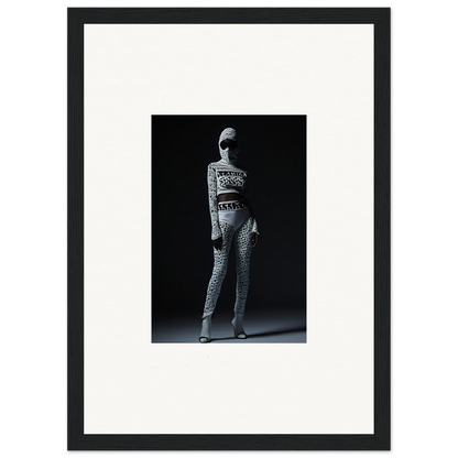 Black and white photo of a person in a patterned top, ideal for Chic Mirage wall art