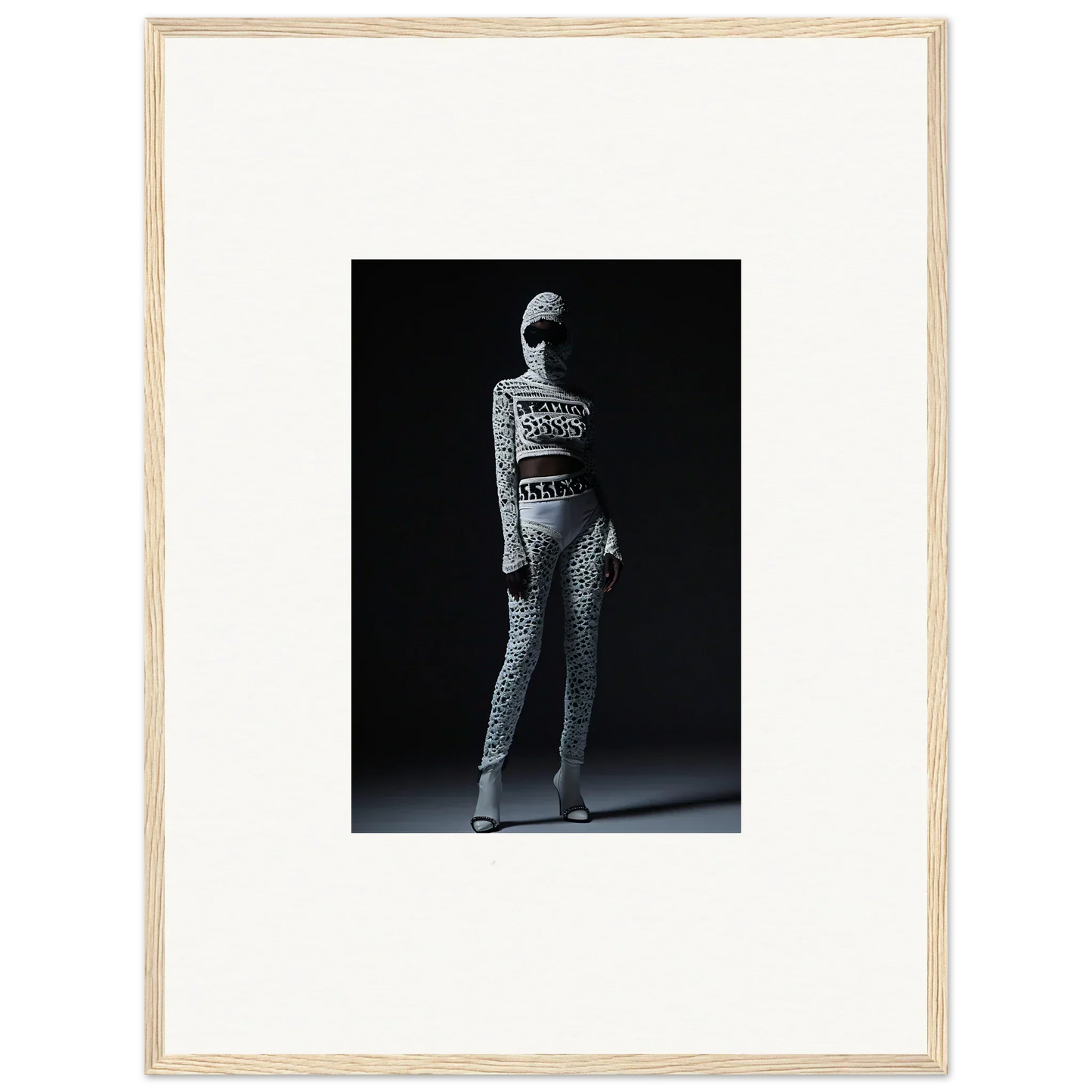 Black and white photo of chic mirage bodysuit person for stylish room decor wall art