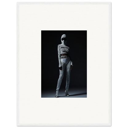 Black and white image of a person in a patterned bodysuit, perfect for Chic Mirage wall art