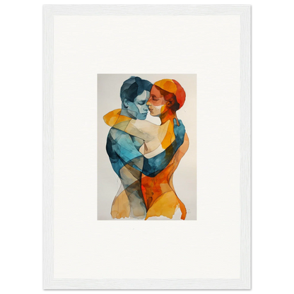 Watercolor painting of embracing figures in blue and orange for Souls Tangent room decor