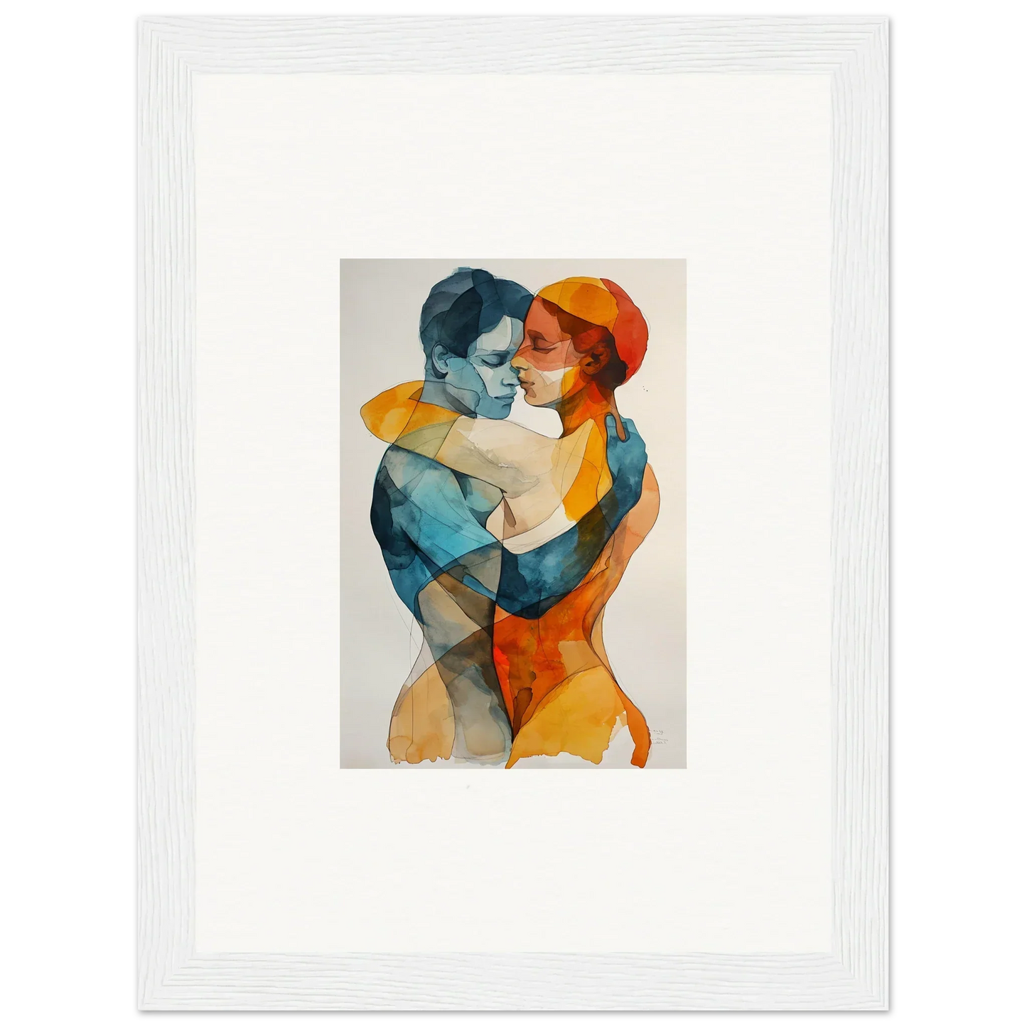 Watercolor painting of embracing figures in colorful forms, perfect for Aqua Souls Tangent room decor