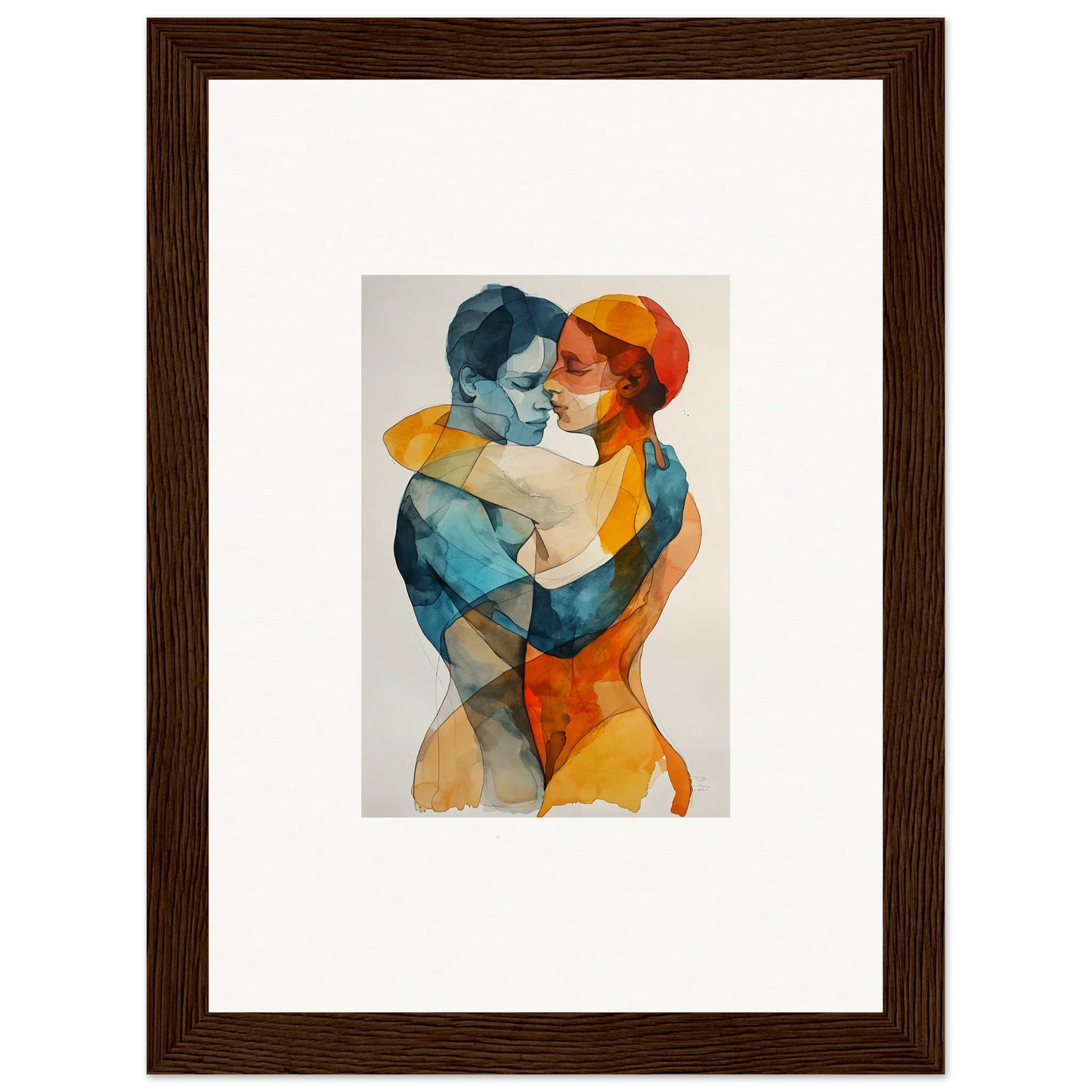 Framed wall art of Aqua Souls Tangent featuring an embracing couple in vibrant colors