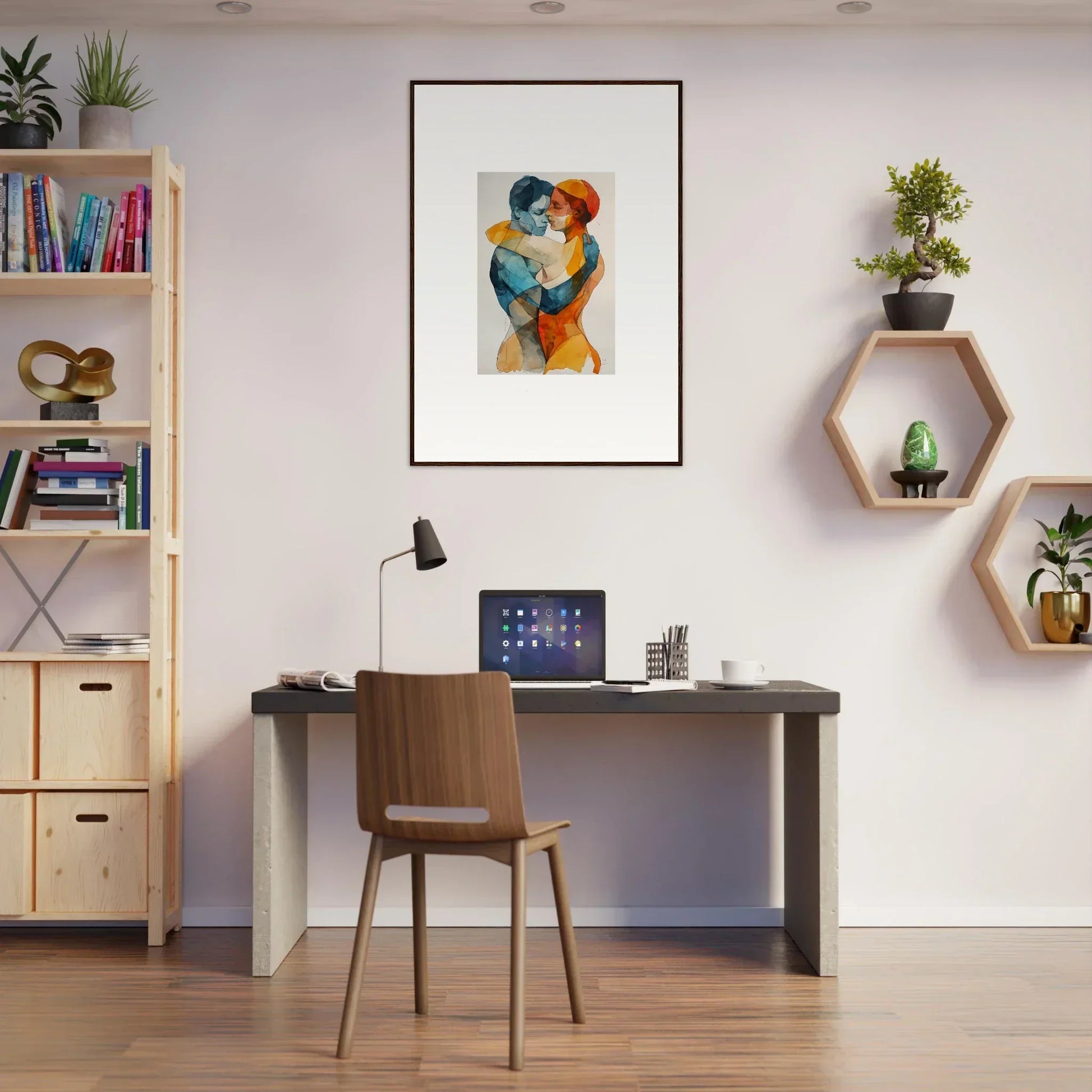 Home office workspace featuring Aqua Souls Tangent decor with desk, chair, and framed wall art