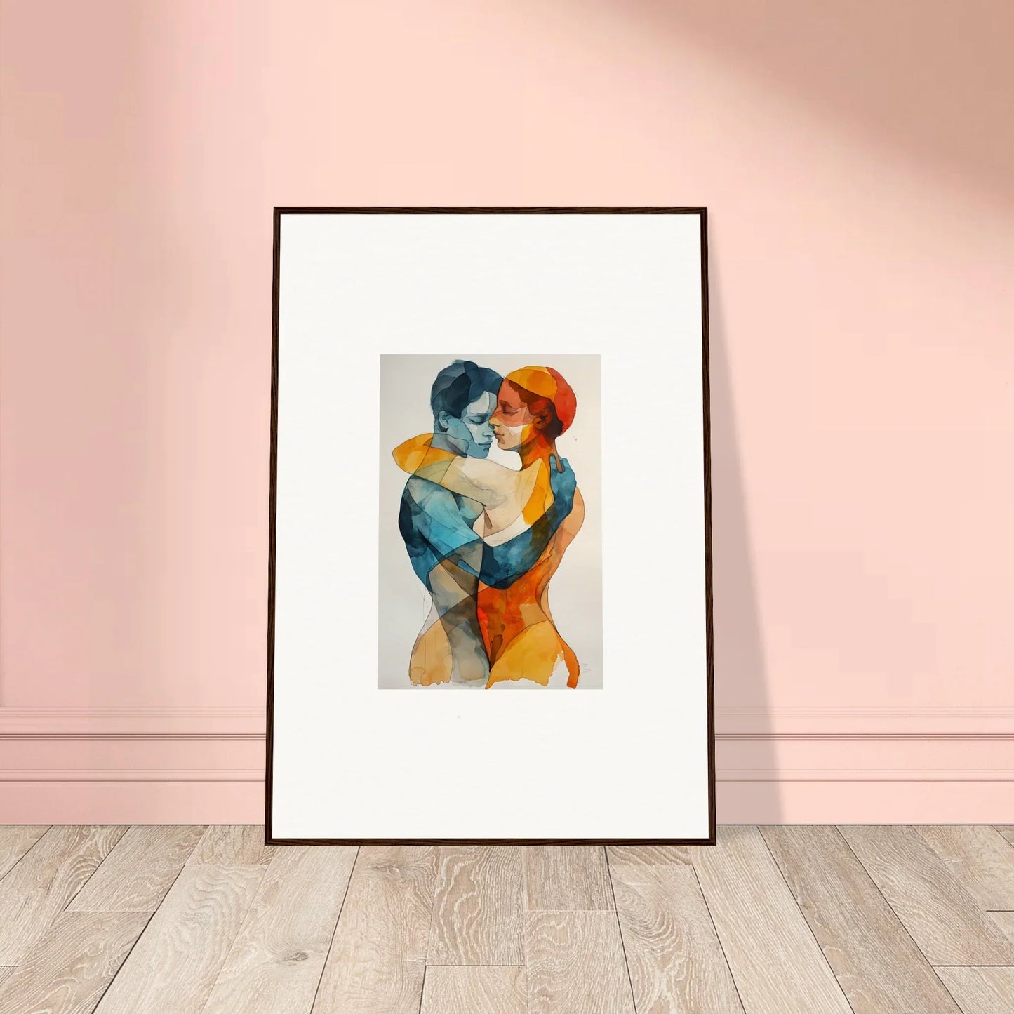 Framed wall art of Aqua Souls Tangent, showcasing a warm embrace in vibrant colors