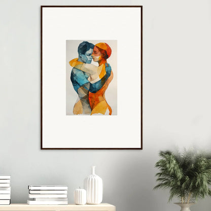 Framed wall art of vibrant orange and blue souls tangent embrace for unique room decor