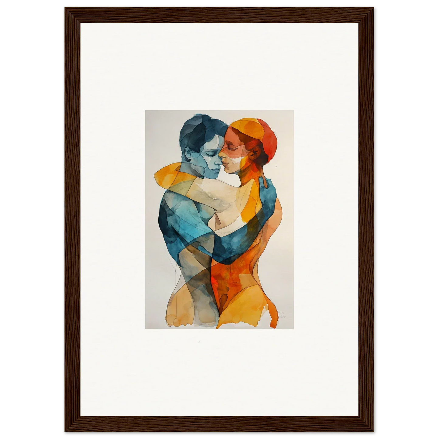 Framed watercolor painting of embracing couple, perfect for souls tangent room decor