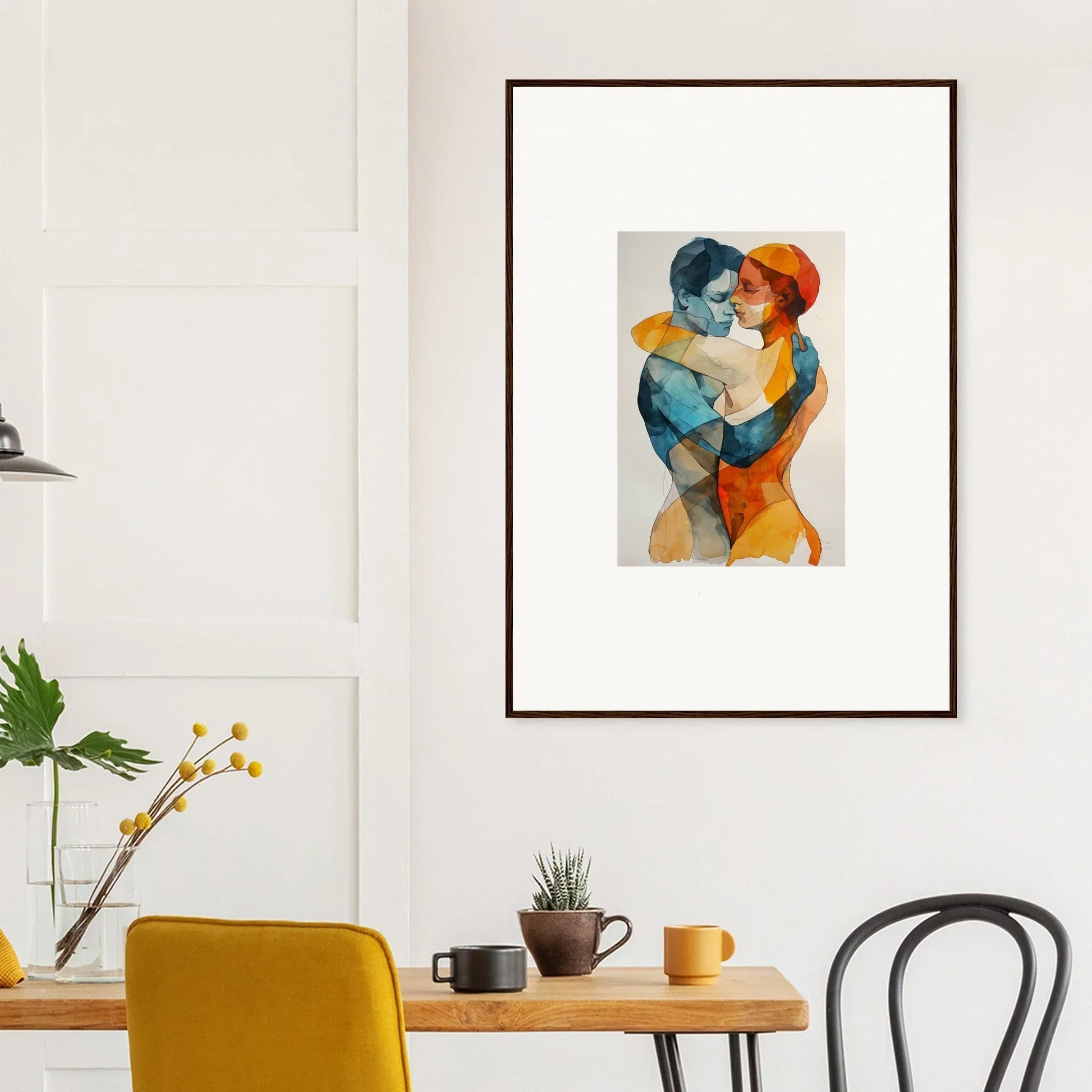 Framed wall art of an embracing couple in blue and orange for your room decor, Aqua Souls Tangent