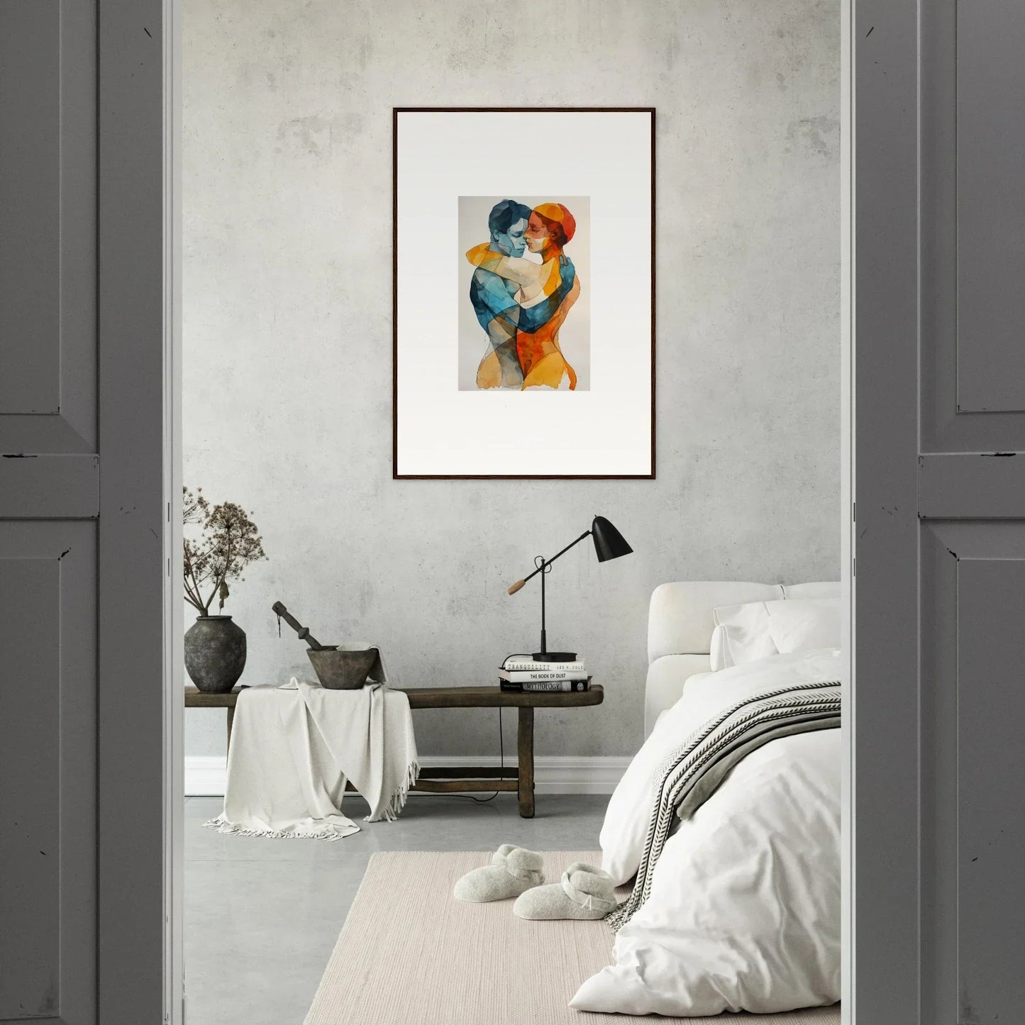 Framed wall art of intertwined figures in vibrant colors for unique room decor