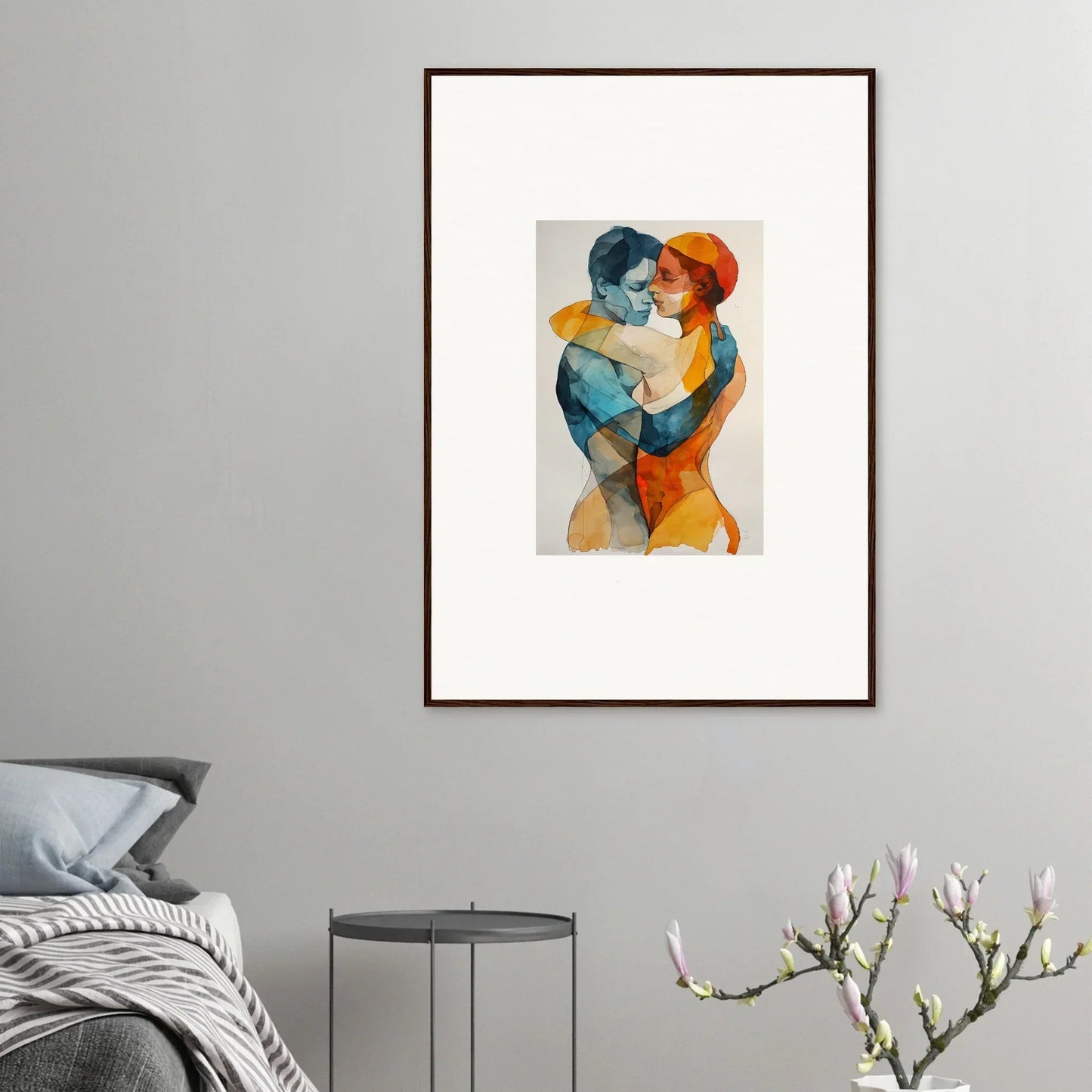 Framed wall art of Aqua Souls Tangent depicting an embrace in blue and orange hues